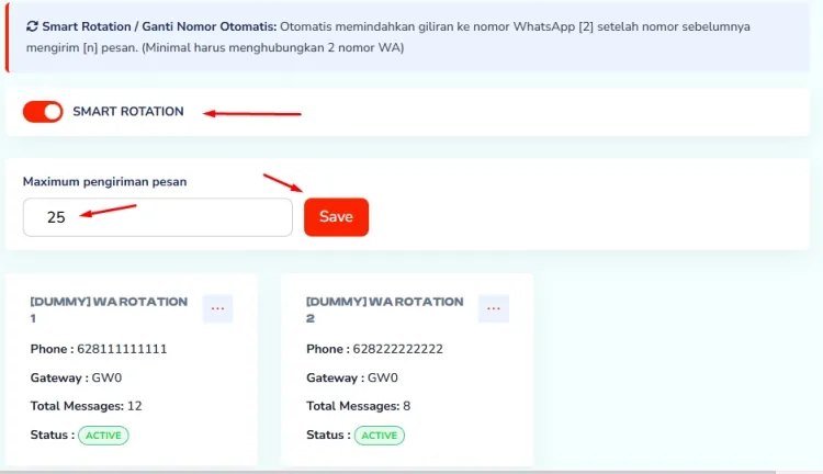 Smart Rotation WA - Ganti Nomor Otomatis Dashboard Smart Rotation